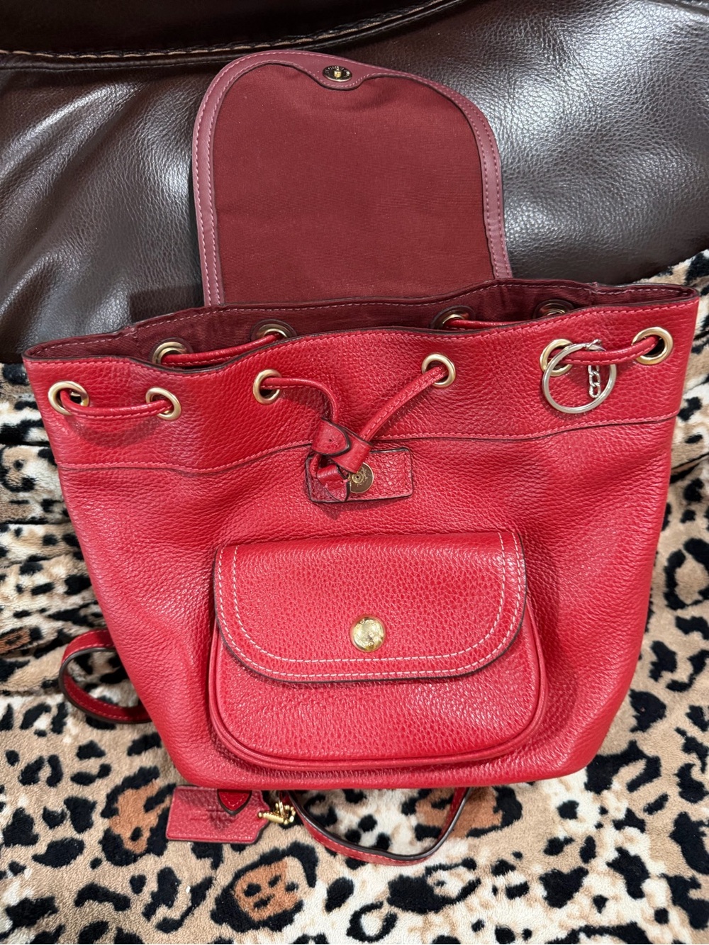 Coach Red Leather Drawstring Backpack with Front Pocket